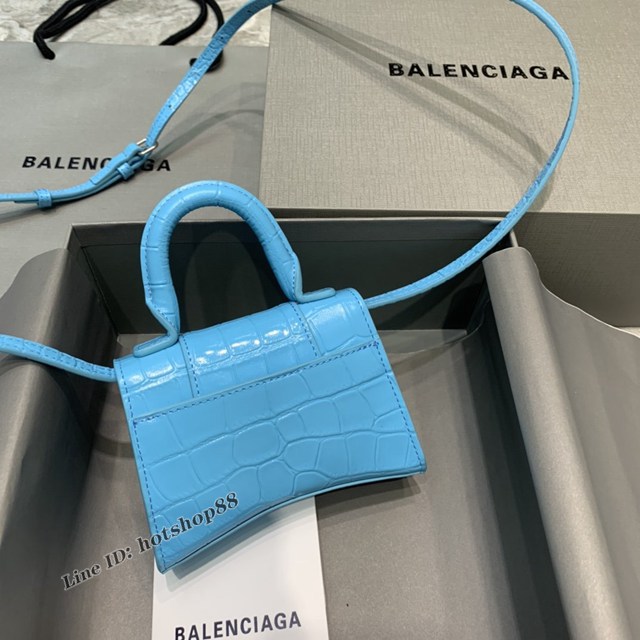 Balenciaga專櫃爆款迷你鱷魚水彩藍手提女包 巴黎世家mini Hourglass沙漏包 fyj1932